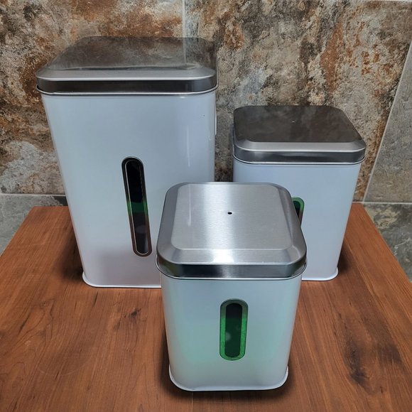 Nesting Square White & Silver Tin Cans Set of 3 - Picture 1 of 15